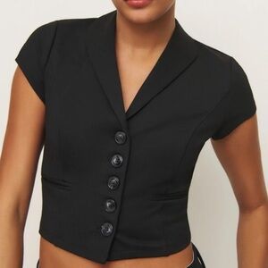 NWT Reformation Marnie Knit V Neck Collar Button Short Sleeve Blouse Top Black